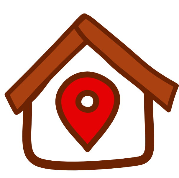 A brown outline of a house with a roof and a red location pin inside.